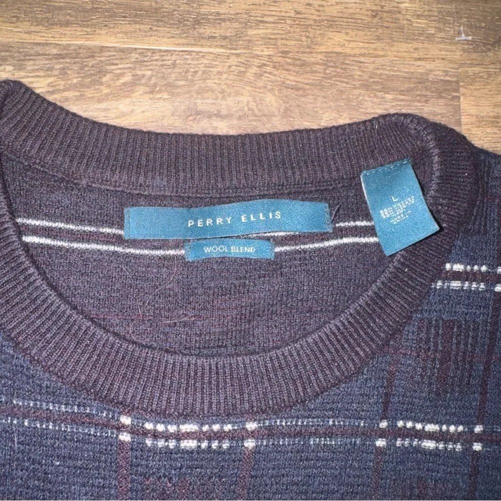 Perry Ellis Navy Plaid Crewneck Sweater